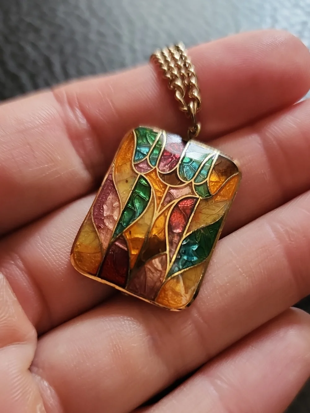 Multicolor Enamel Mosaic Pendant Necklace in Gold Tone